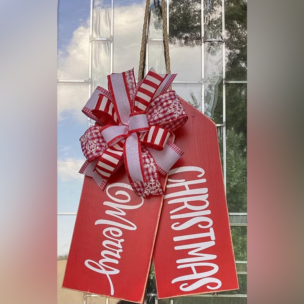Handmade Holiday Door Hanger – Rustic Pinewood Tags with Bow (Outdoor Safe)